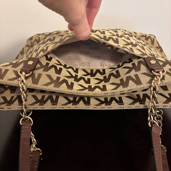 Michael Kors Jet Set Signature Tan Brown Gold Chain Handle Tote Bag - Picture 11 of 14
